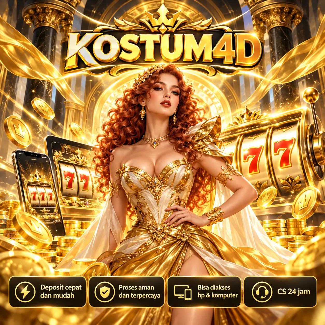 Ilustrasi KOSTUM4D dengan dominasi emas dan merah, komposisi visual ke-2